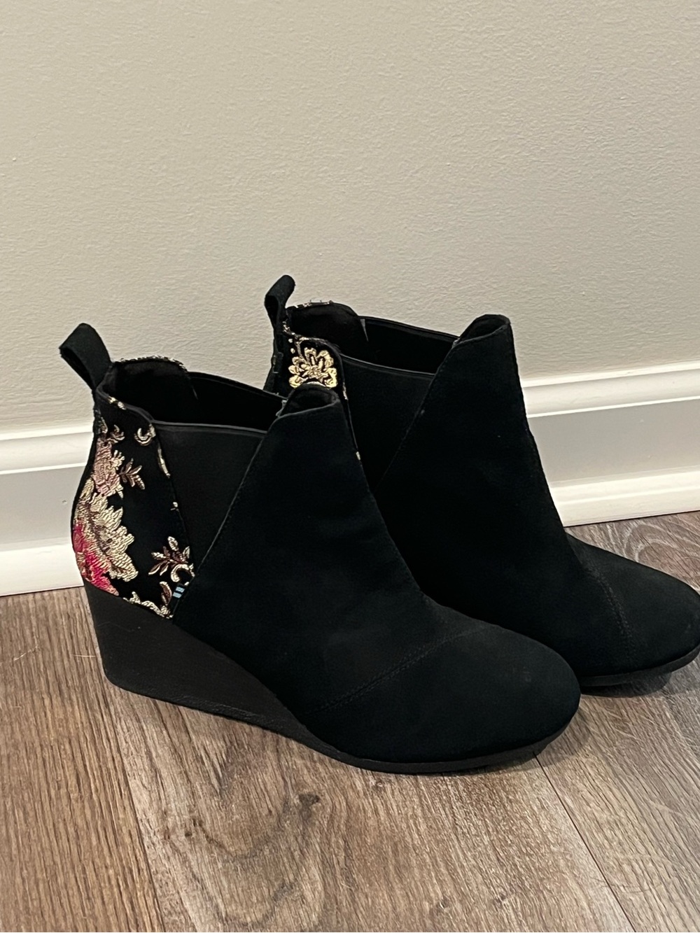 Tom’s Women’s Black Suede Wedge Ankle Booties with Floral Embroidered 3” Heel